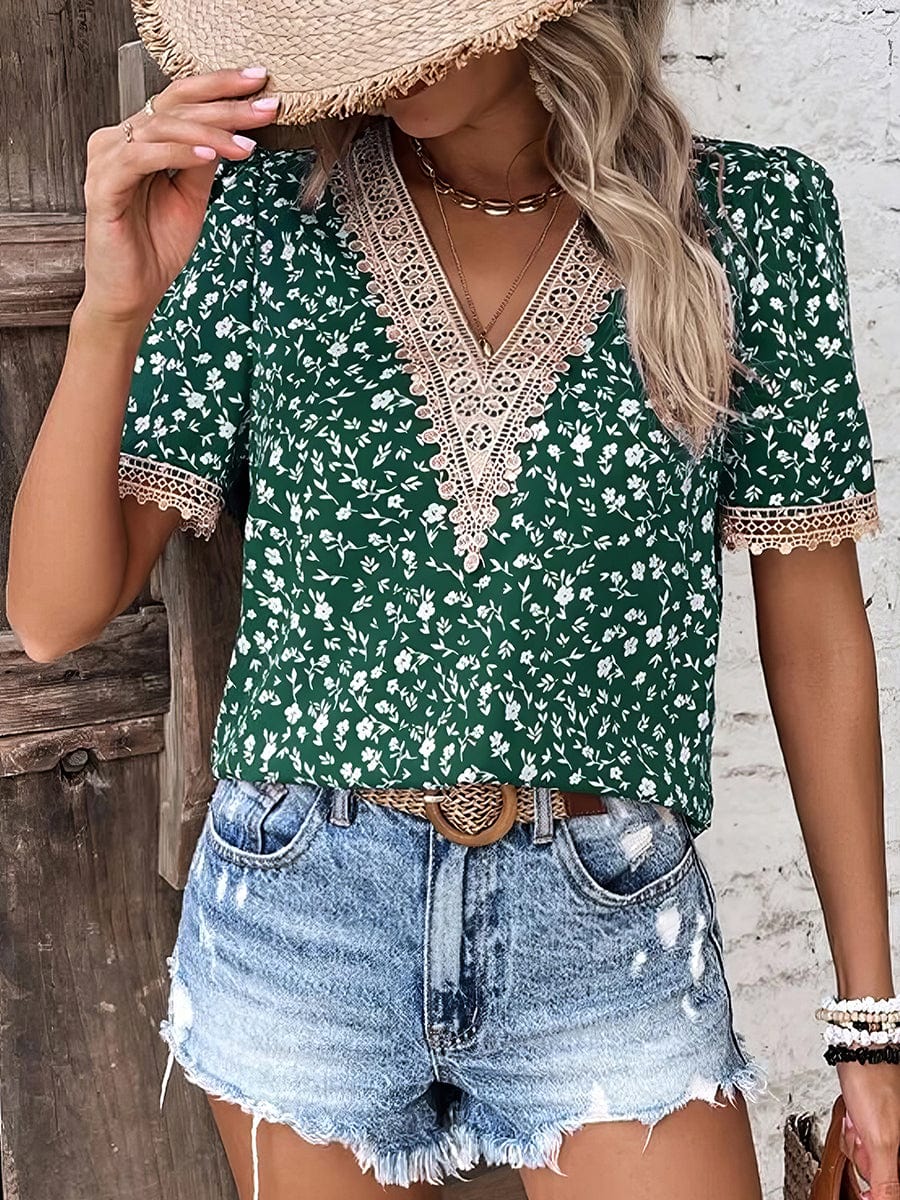 Fashion Floral Print Lace Collar Short Sleeve T-Shirt TSH2304120136GRES Green / 2 (S)