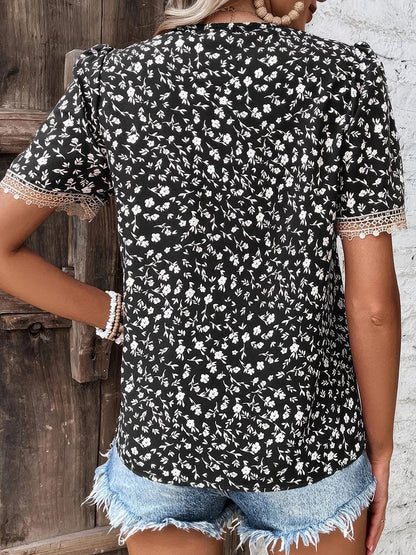 Fashion Floral Print Lace Collar Short Sleeve T-Shirt