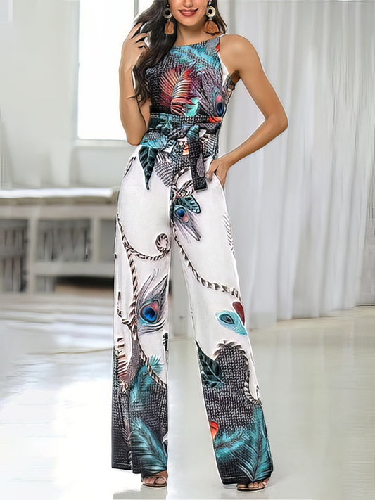 Feather Print Sling Jumpsuit JUM2107161219WHIS White / 2 (S)