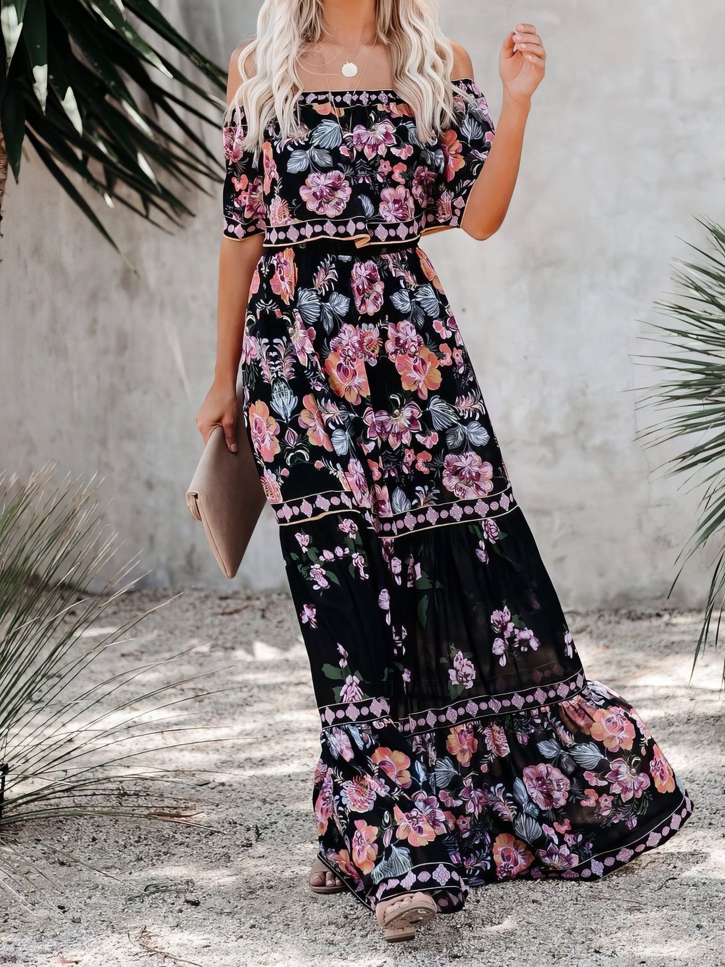 Floral Print One-shoulder Mopping Dress DRE2106070139BLAS Black / 2 (S)