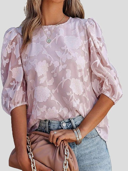 Floral Print Puff Half Sleeves Blouse BLO2203021606LPURS Pink / 2 (S)