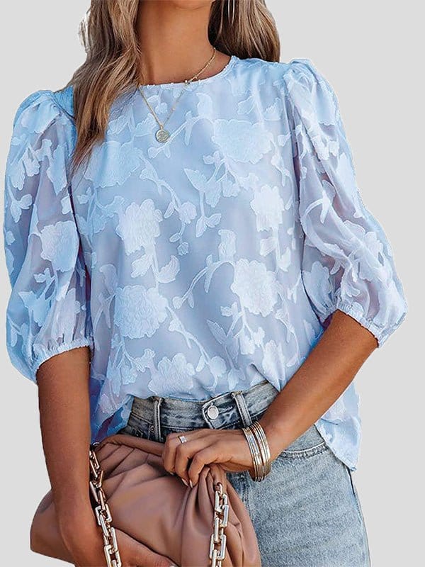 Floral Print Puff Half Sleeves Blouse BLO2203021606SBLUS SkyBlue / 2 (S)