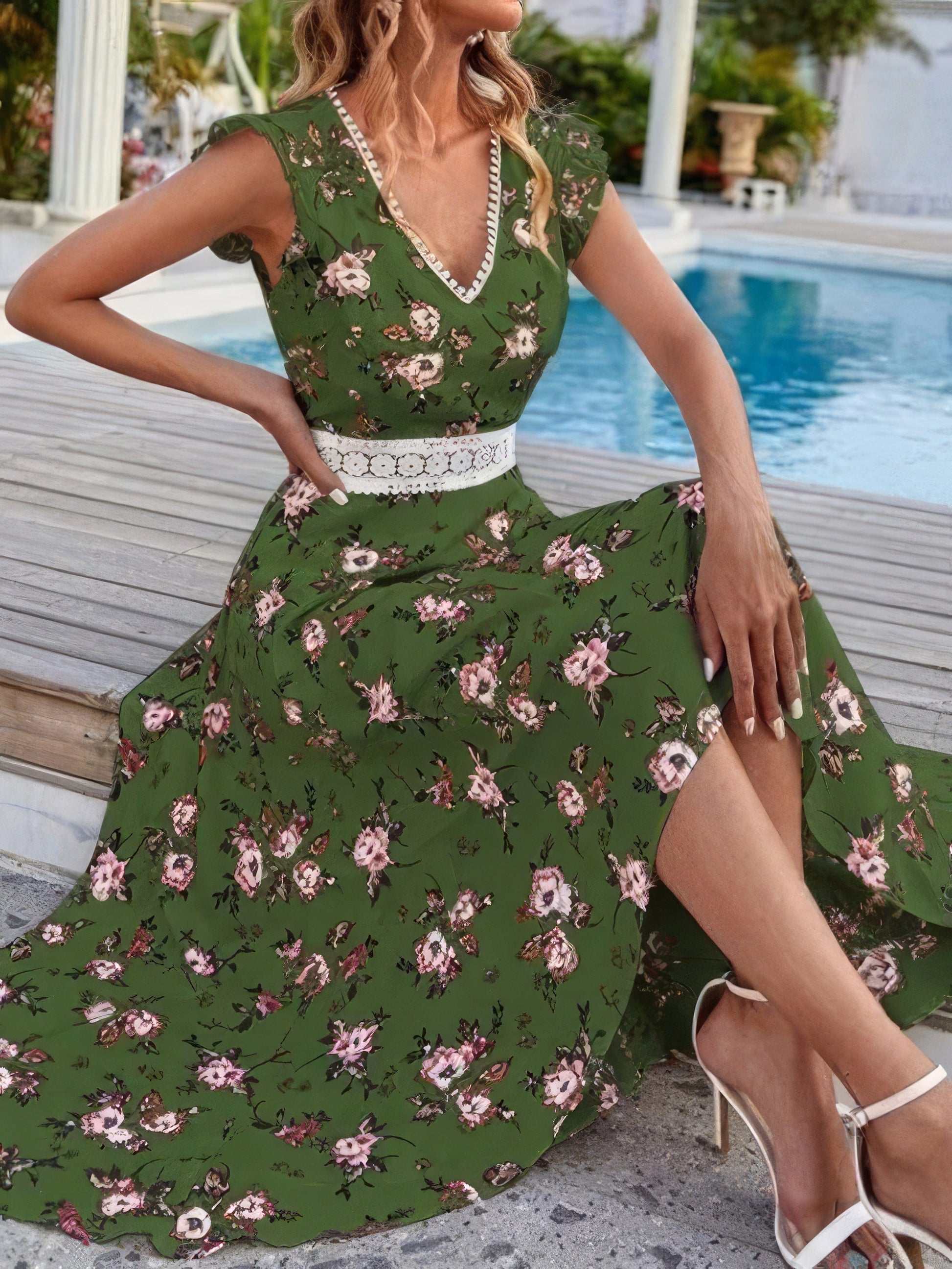 Floral Print V-Neck Sleeveless Dress DRE2203023663GREXS Green / XS