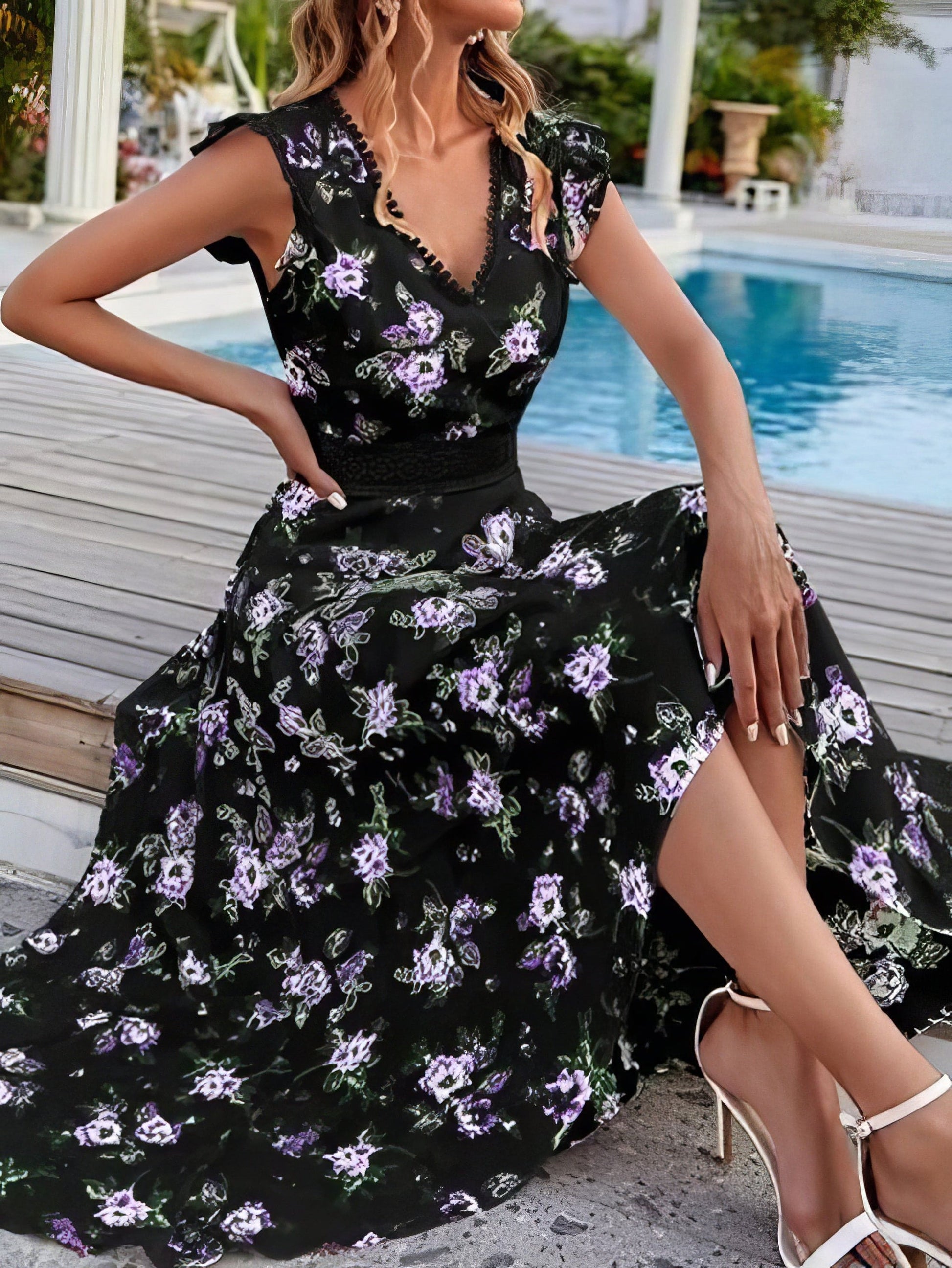 Floral Print V-Neck Sleeveless Dress DRE2203023663BLAXS Black / XS