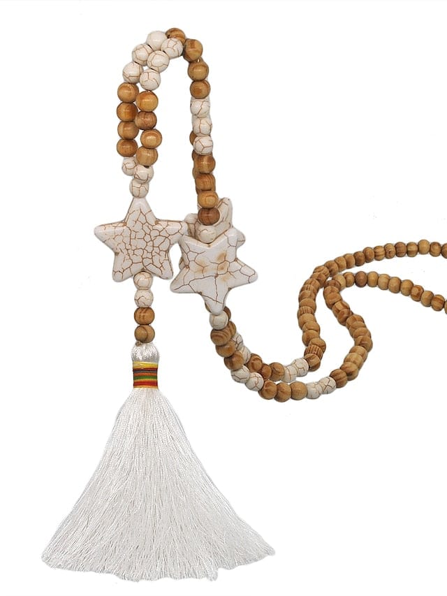 Women's Handmade Wooden Stone Pendant Necklace with Star Bead Tassel - Eco-Friendly Celestial Gift