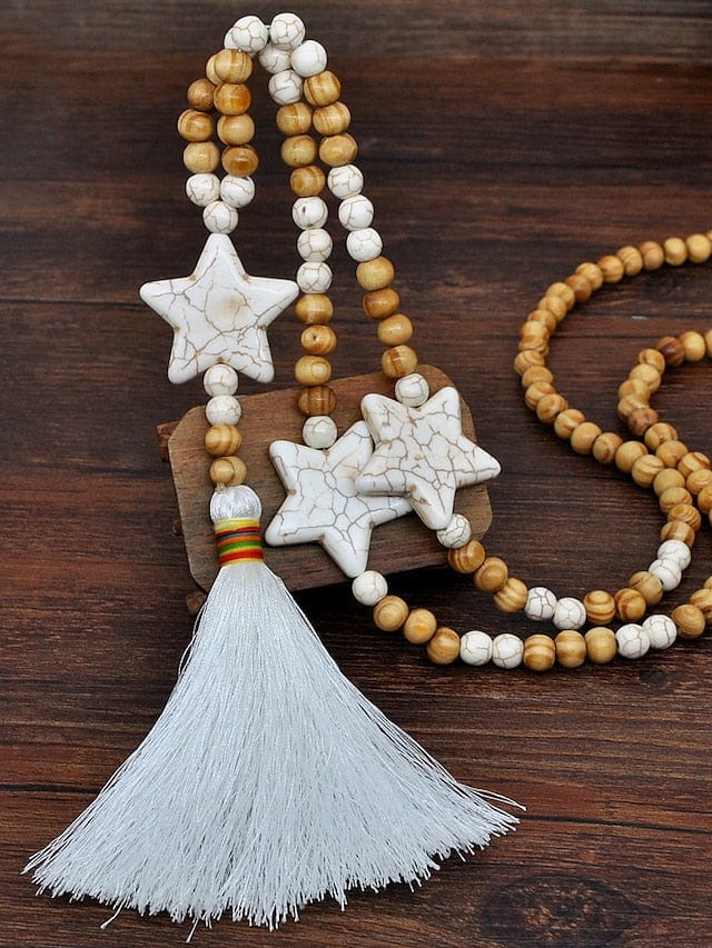Women's Handmade Wooden Stone Pendant Necklace with Star Bead Tassel - Eco-Friendly Celestial Gift