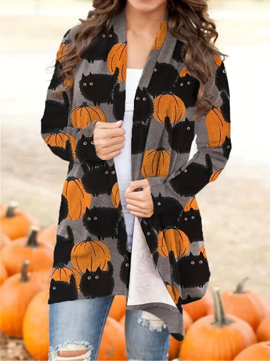 Halloween Pumpkin Pattern Open Front Long Sleeve Cardigan