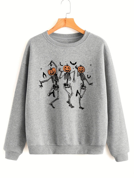 Halloween Pumpkin Skull Print Drop Shoulder Round Neck Pullover Hoodie HOO231012052LGYXS(2) LightGray / XS(2)