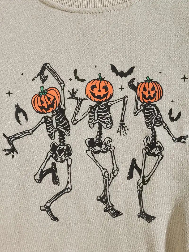 Halloween Skull Pumpkin Print Crew Neck Long Sleeve Hoodie