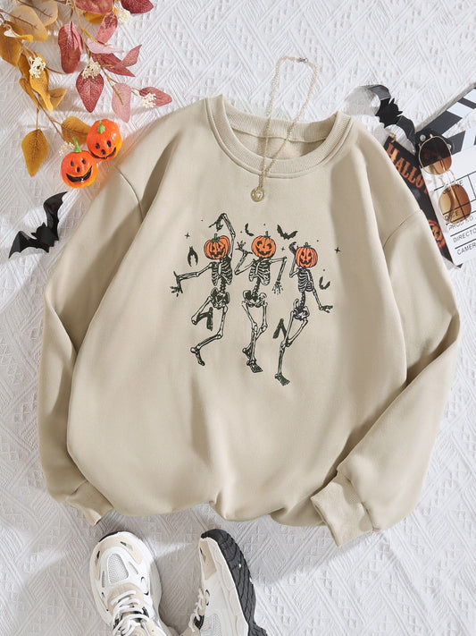 Halloween Skull Pumpkin Print Crew Neck Long Sleeve Hoodie HOO231012031BEIS(4) Beige / S(4)