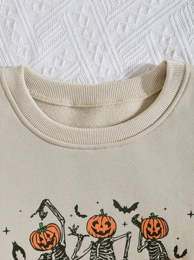 Halloween Skull Pumpkin Print Crew Neck Long Sleeve Hoodie