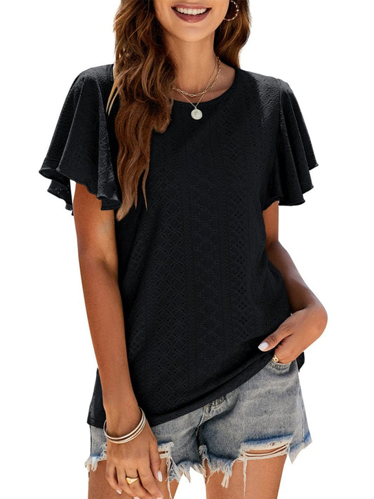 Hollow Ruffle Sleeve Casual Round Neck T-Shirt TSH2303010040BLAS Black / 2 (S)