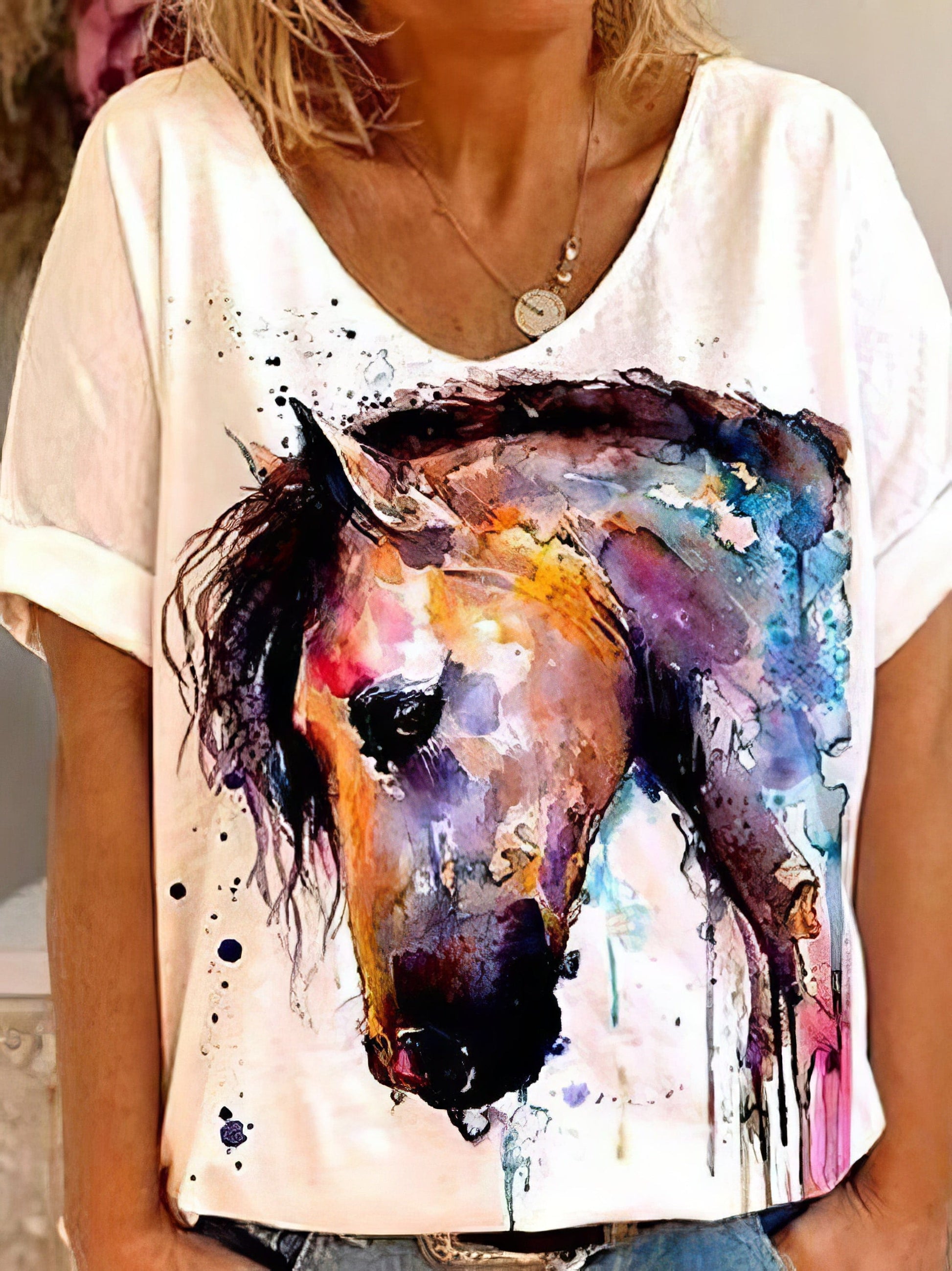 Horse Head Print Short Sleeve V-Neck T-Shirt TSH2106210470WHIS White / 2 (S)