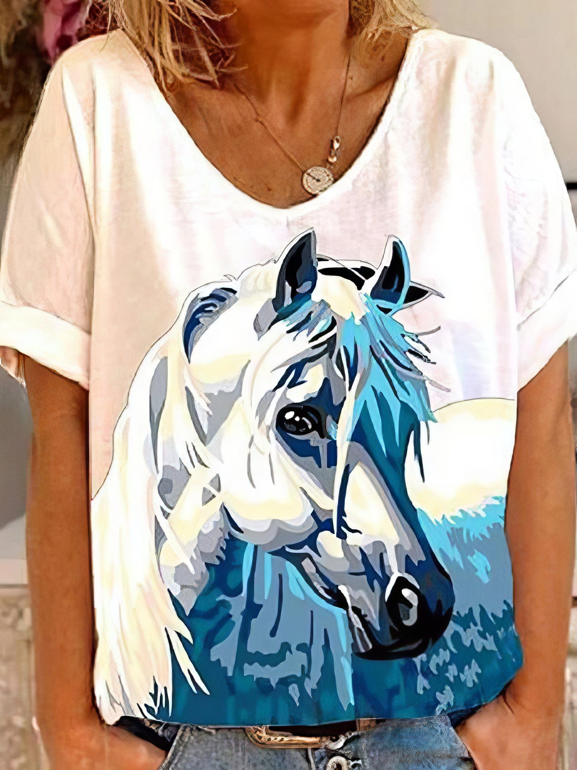 Horse Head Print Short Sleeve V-Neck T-Shirt TSH2106210470BLUS LightBlue / 2 (S)