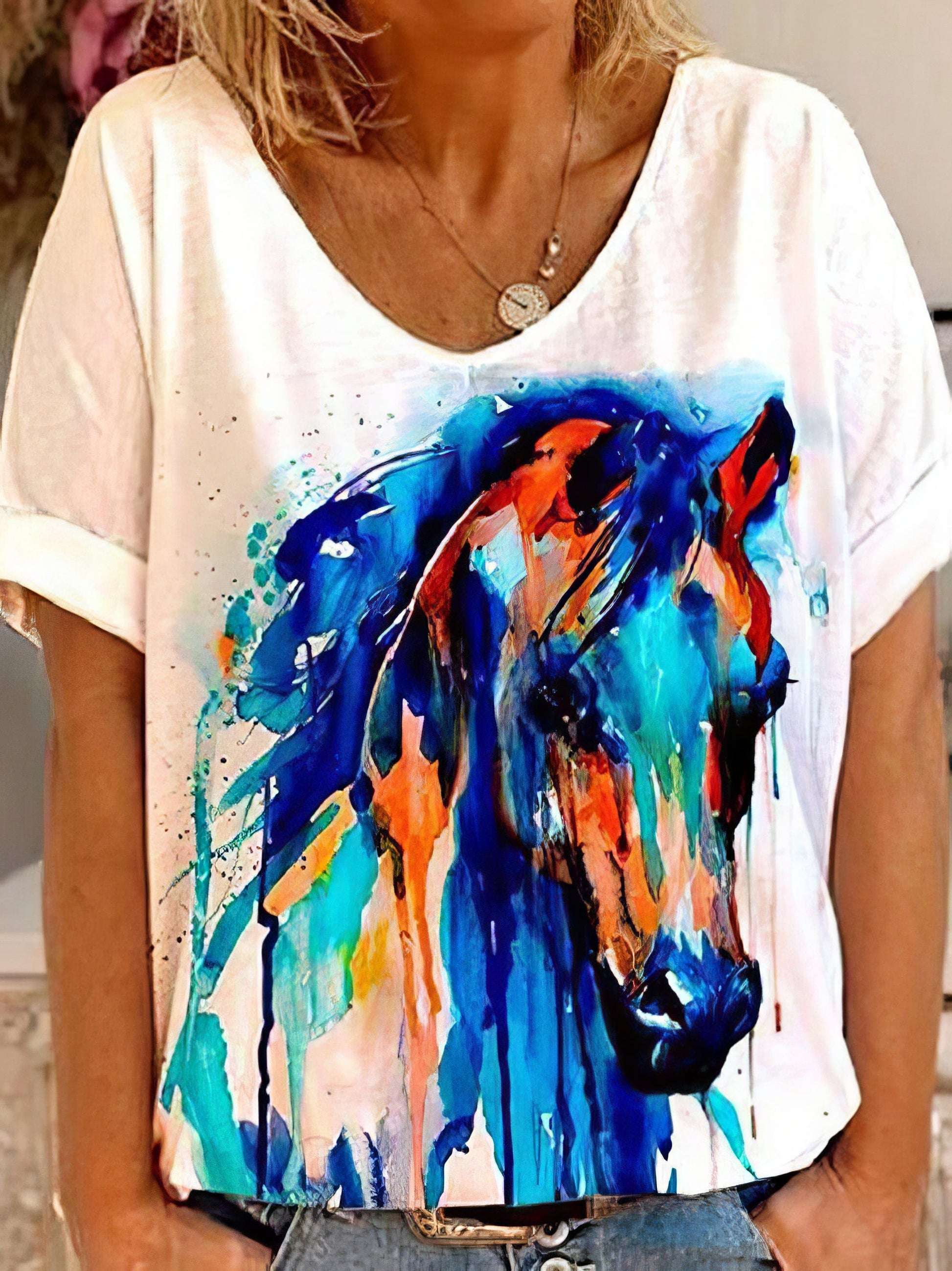 Horse Head Print Short Sleeve V-Neck T-Shirt TSH2106210470DBLUS Blue / 2 (S)