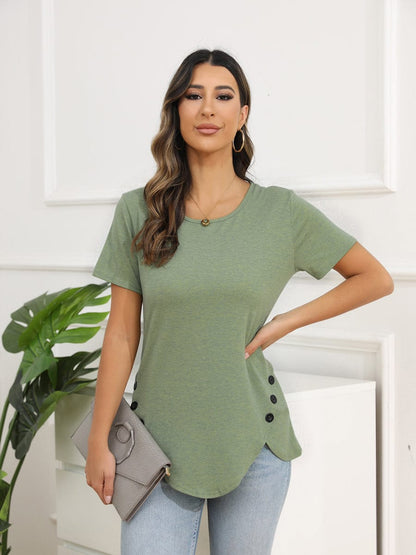 Irregular Button Short Sleeve Round Neck T-Shirt