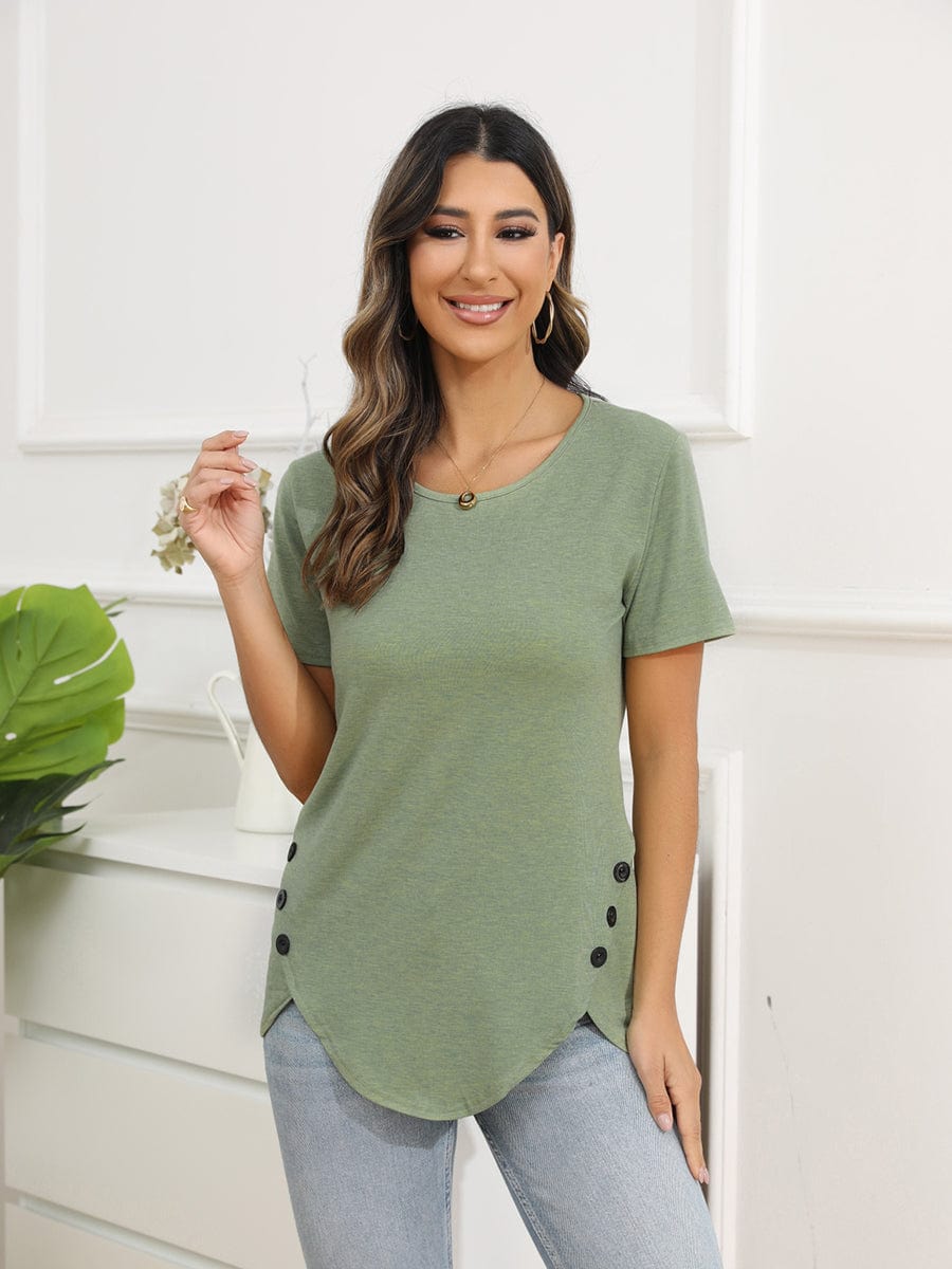 Irregular Button Short Sleeve Round Neck T-Shirt TSH2303150078GRES Green / 2 (S)