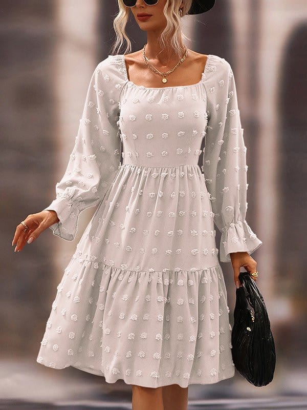 Jacquard Square Neck Long Sleeve Chiffon Dress DRE2209235507WHIS White / 2 (S)