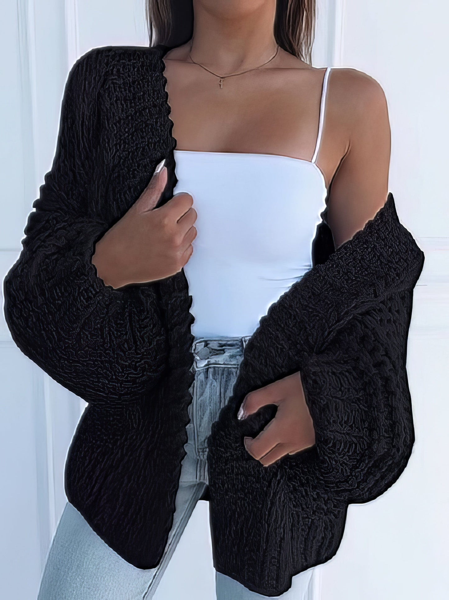 Knit Long Sleeve Loose Sweater Cardigan SWE2108071113BLAS Black / 2 (S)