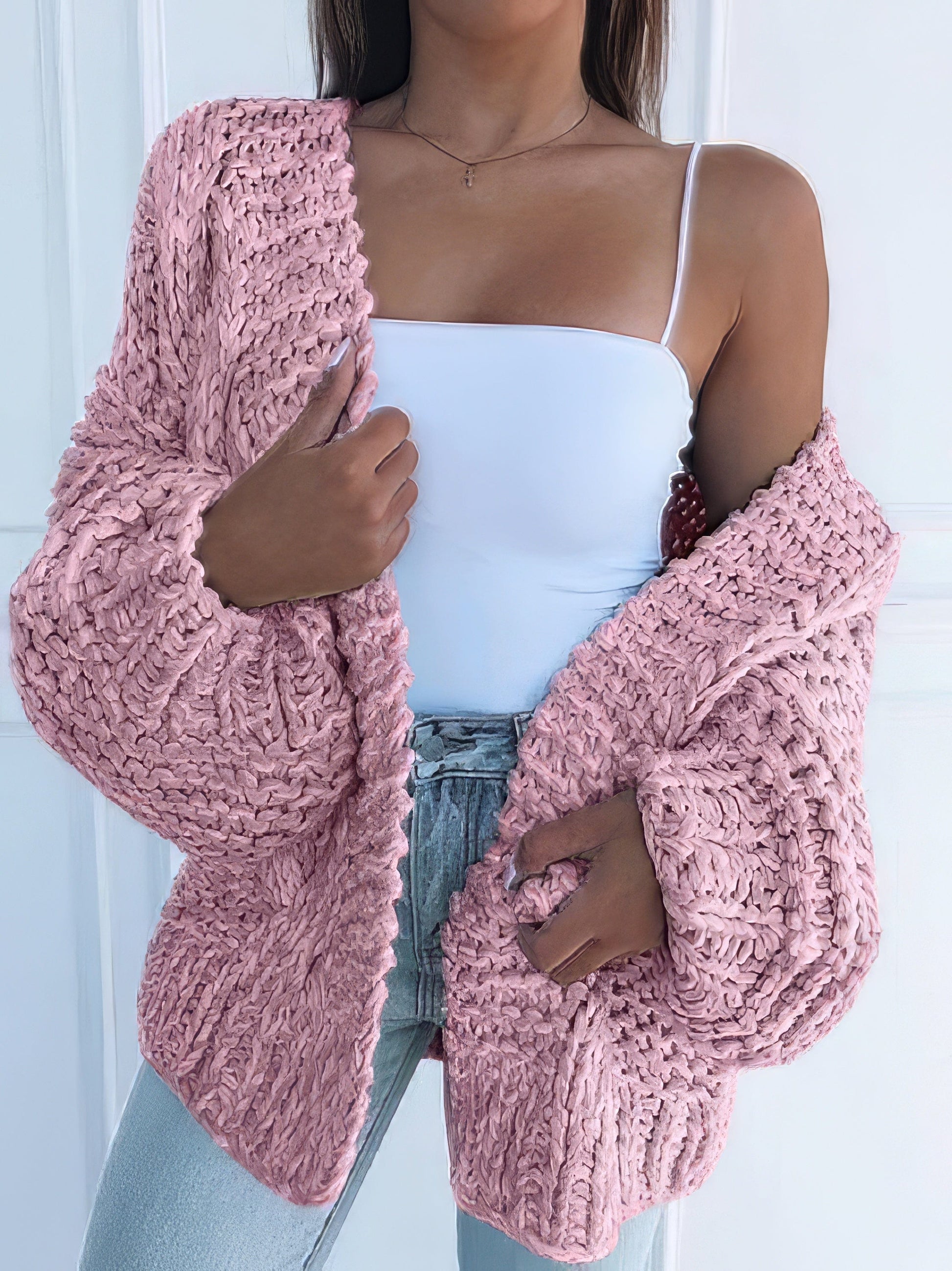Knit Long Sleeve Loose Sweater Cardigan SWE2108071113PINS Pink / 2 (S)