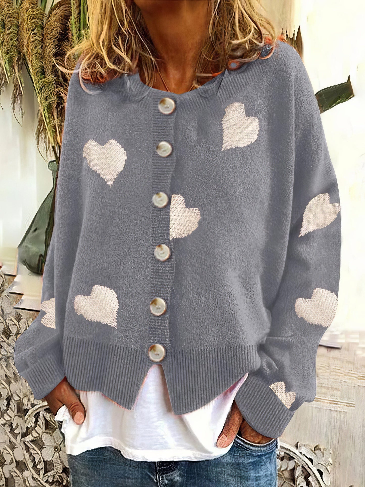 Knit Single-Breasted Heart Cardigan Sweater -Bishop - Barcelet - Closed - Scoop - Jewel SWE2109181183GRES Gray / 2 (S)