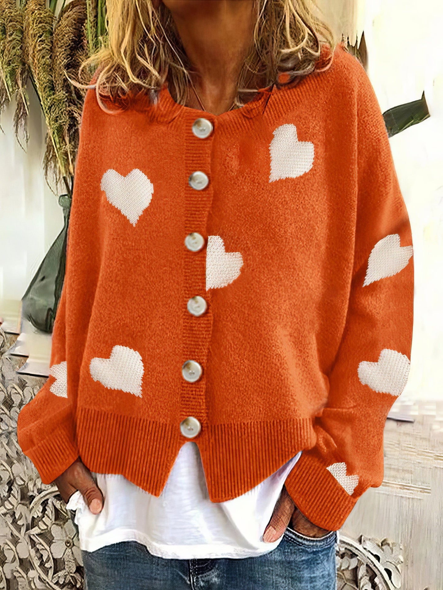 Knit Single-Breasted Heart Cardigan Sweater -Bishop - Barcelet - Closed - Scoop - Jewel SWE2109181183ORAS Orange / 2 (S)