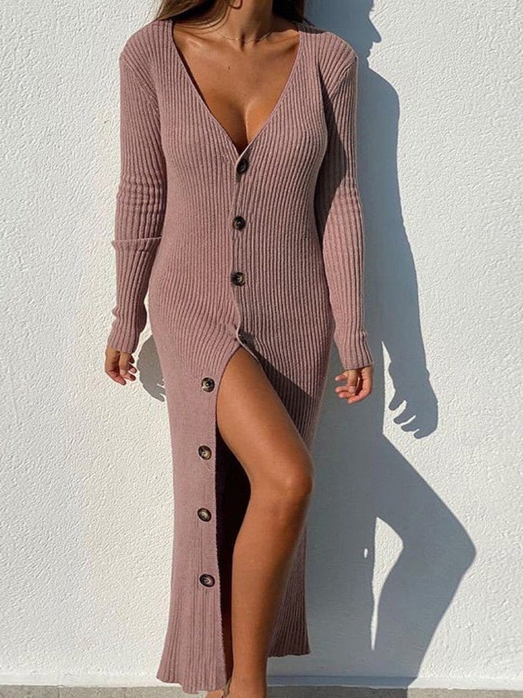 Knitting Thread Button Long Sleeve Maxi Dress DRE2212265687PINS Pink / 2 (S)