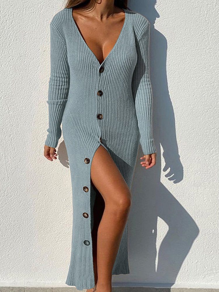 Knitting Thread Button Long Sleeve Maxi Dress DRE2212265687BLUS Blue / 2 (S)