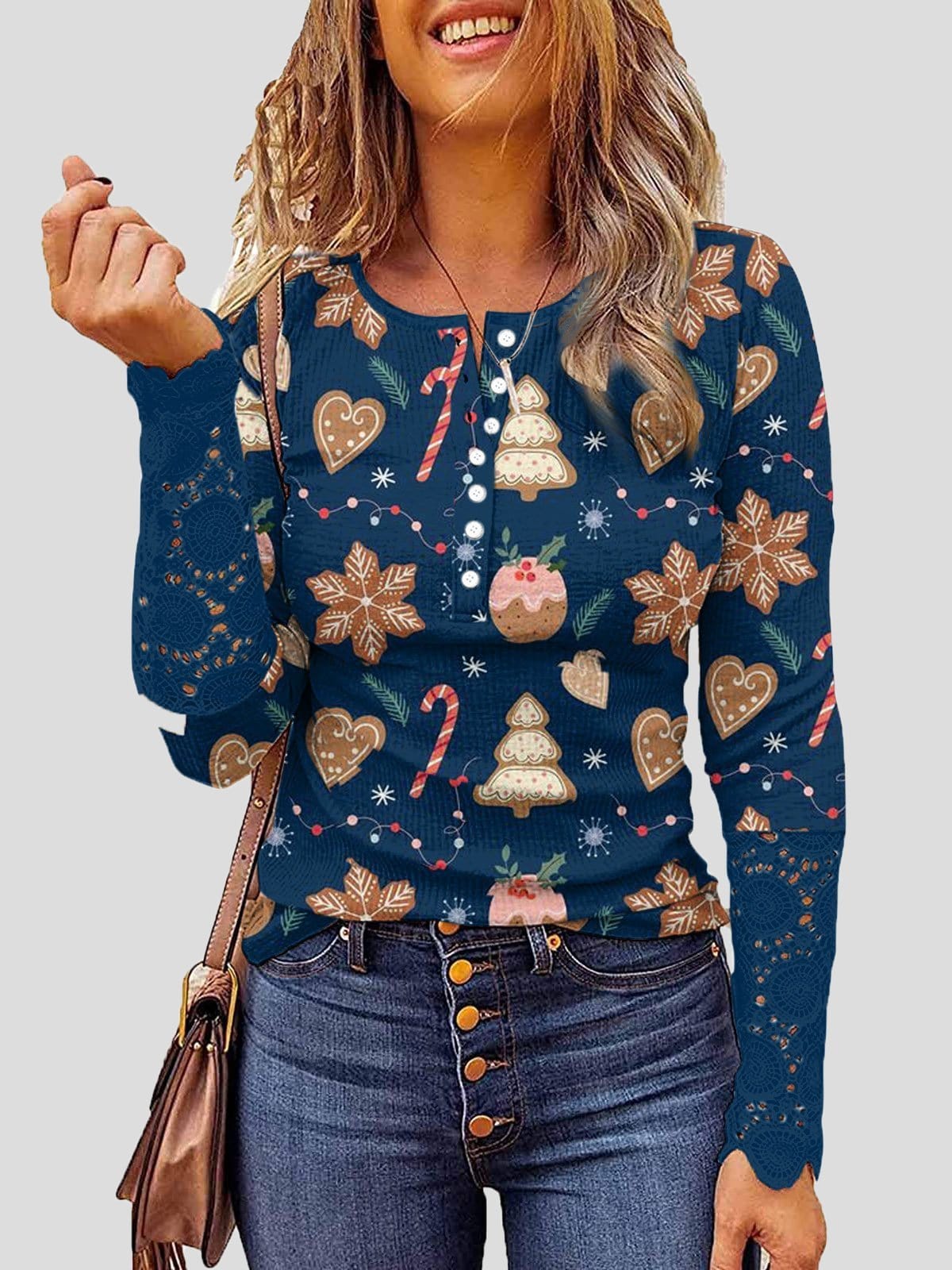 Festive Lace Christmas Print Round Neck T-Shirt with Button Detail