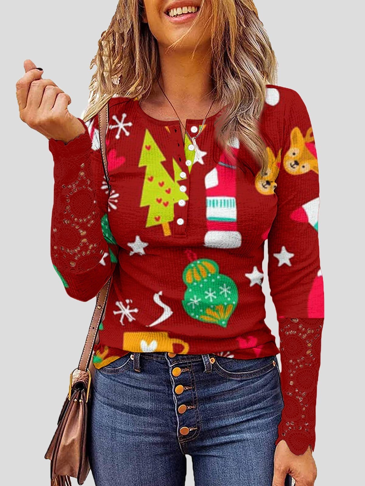Festive Lace Christmas Print Round Neck T-Shirt with Button Detail
