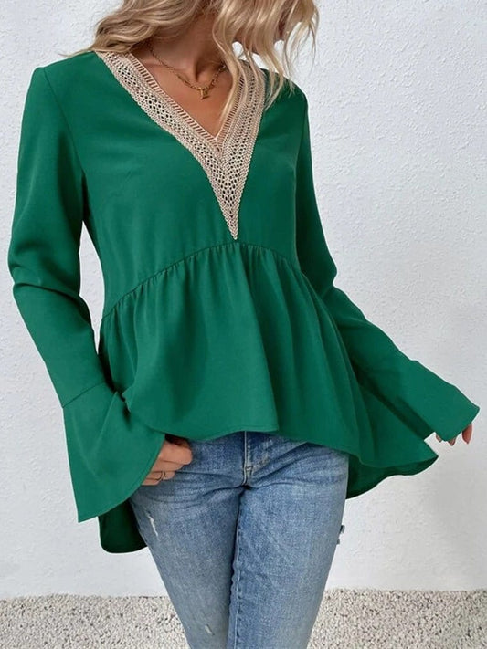 Lace Panel Flare Sleeve Blouse BLO2209141868GRES Green / 2 (S)