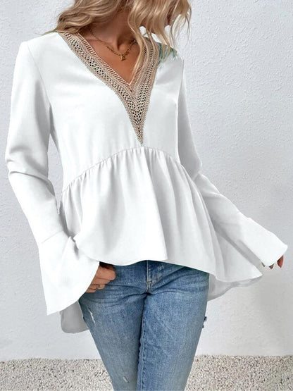 Lace Panel Flare Sleeve Blouse BLO2209141868WHIS White / 2 (S)