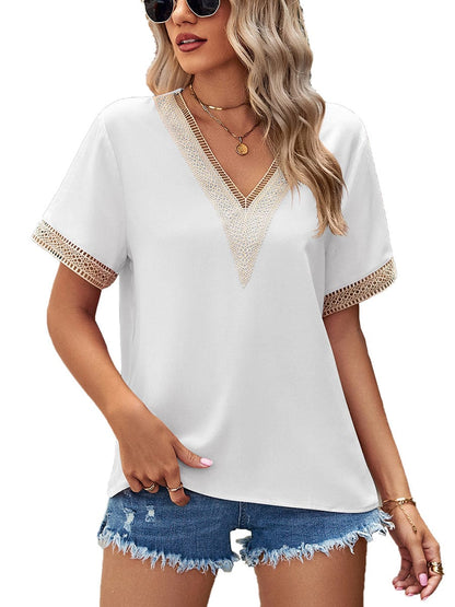 Lace Paneling V-Neck Solid Color T-Shirt TSH2303010032WHIM White / 4/6 (M)