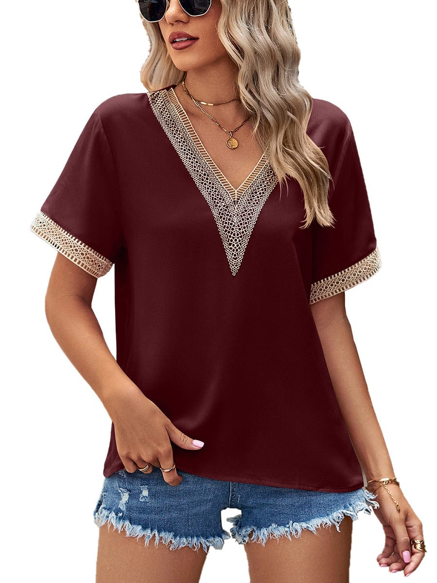 Lace Paneling V-Neck Solid Color T-Shirt TSH2303010032DREDM DarkRed / 4/6 (M)