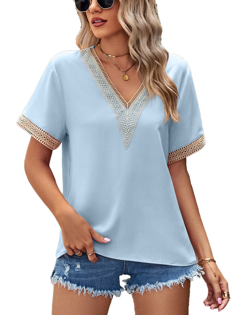 Lace Paneling V-Neck Solid Color T-Shirt TSH2303010032LBLUM LightBlue / 4/6 (M)