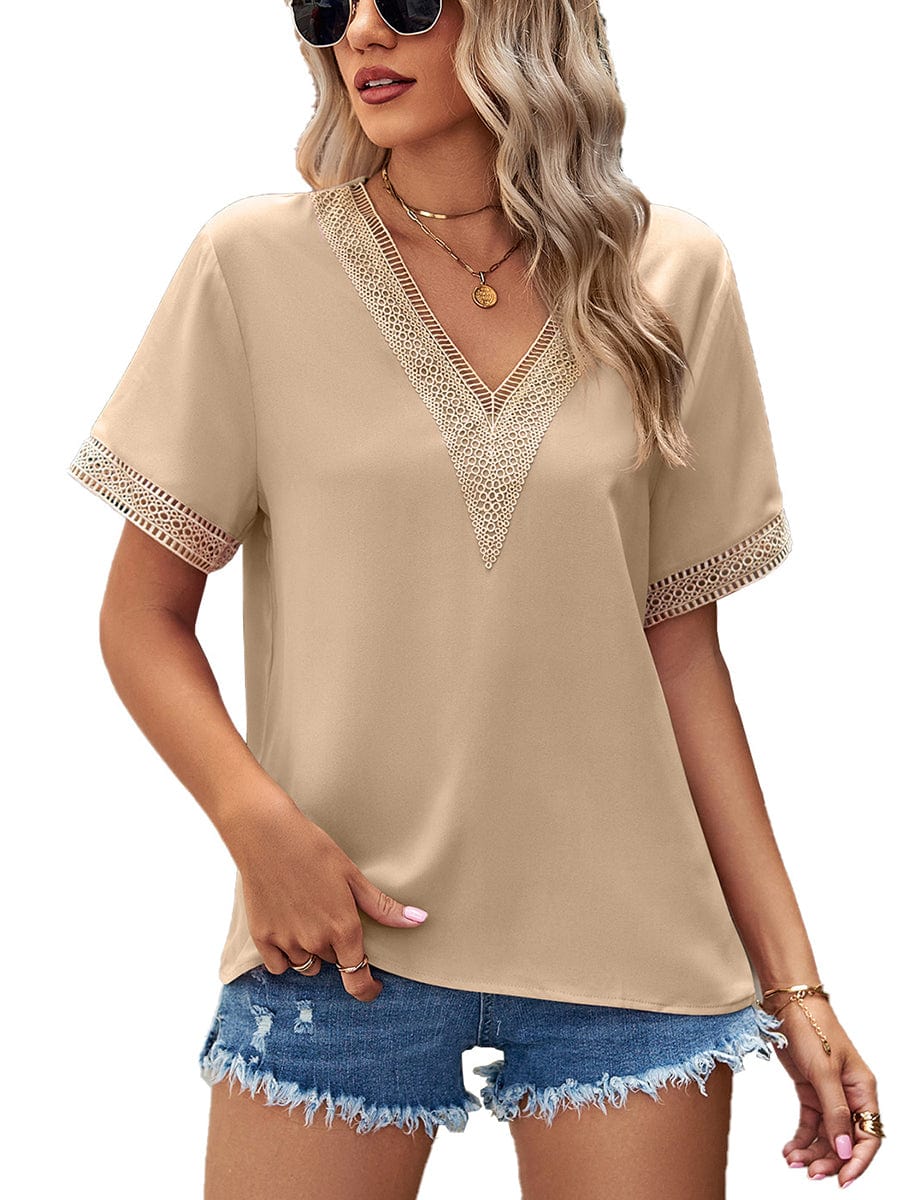 Lace Paneling V-Neck Solid Color T-Shirt TSH2303010032BEIM Beige / 4/6 (M)