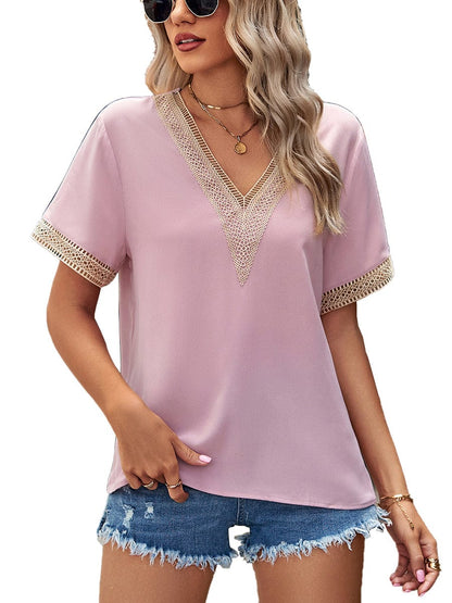 Lace Paneling V-Neck Solid Color T-Shirt TSH2303010032PINM Pink / 4/6 (M)