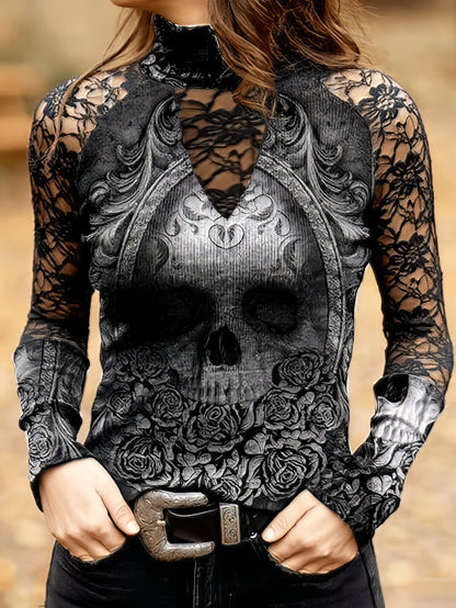Lace Skull Print Long Sleeve T-Shirt TSH2112132095BLAS Black / 2 (S)
