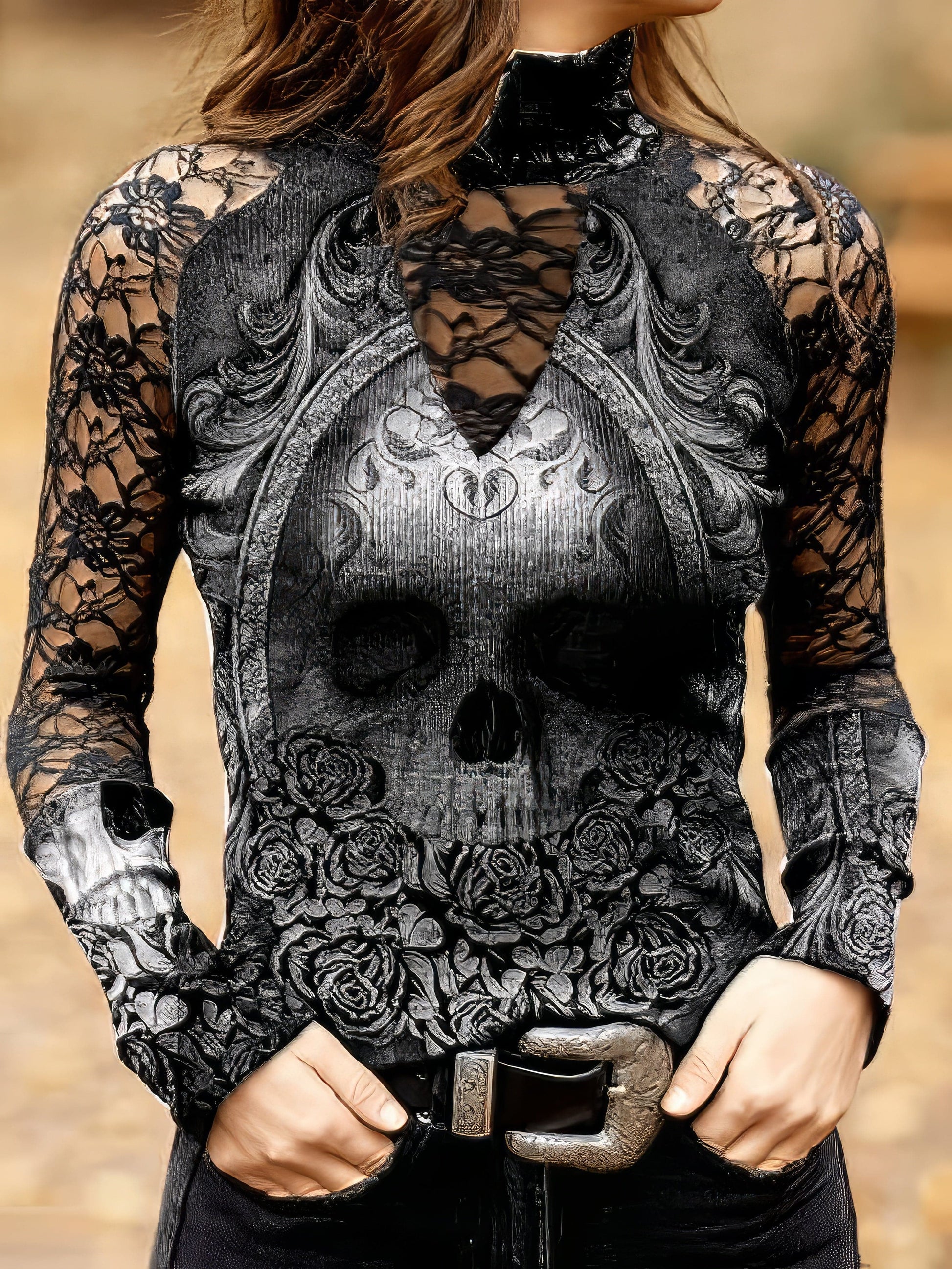 Lace Skull Print Long Sleeve T-Shirt