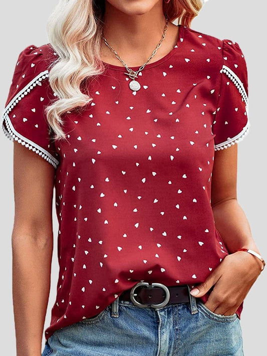 Lace Stitching Polka Dot Short Sleeve T-Shirt TSH2201072179REDS Red / 2 (S)