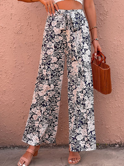 Lace Up Printed High Waist Loose Pants