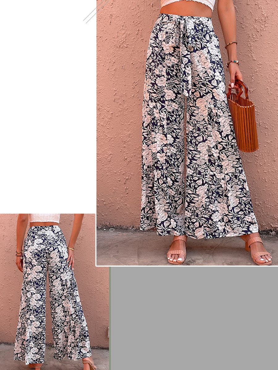 Lace Up Printed High Waist Loose Pants