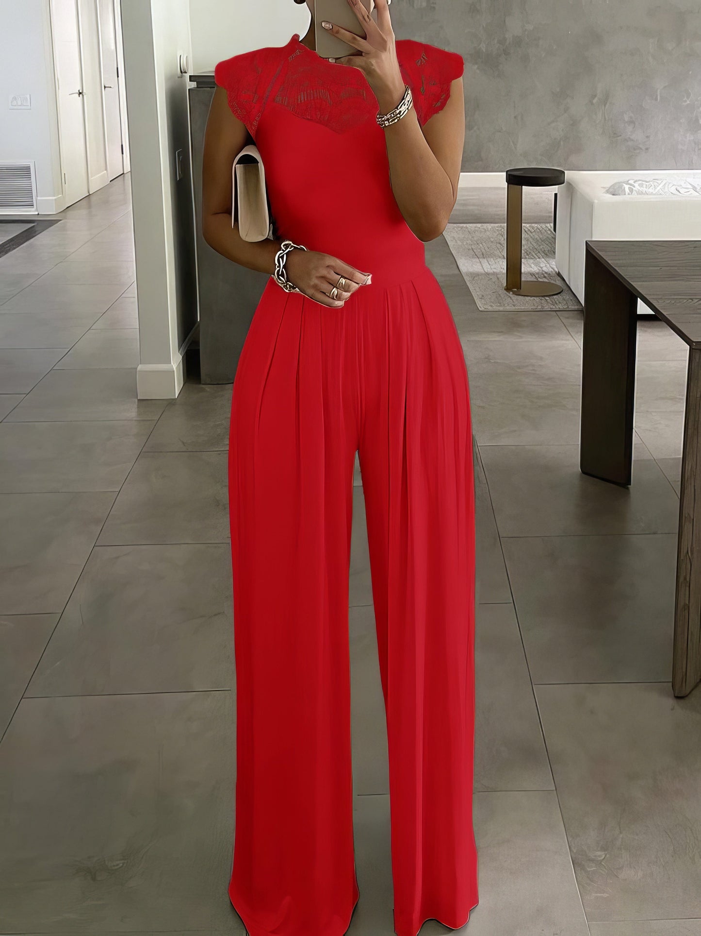 Lace-Up Round Neck Solid Jumpsuit JUM2106150015REDS Red / 2 (S)