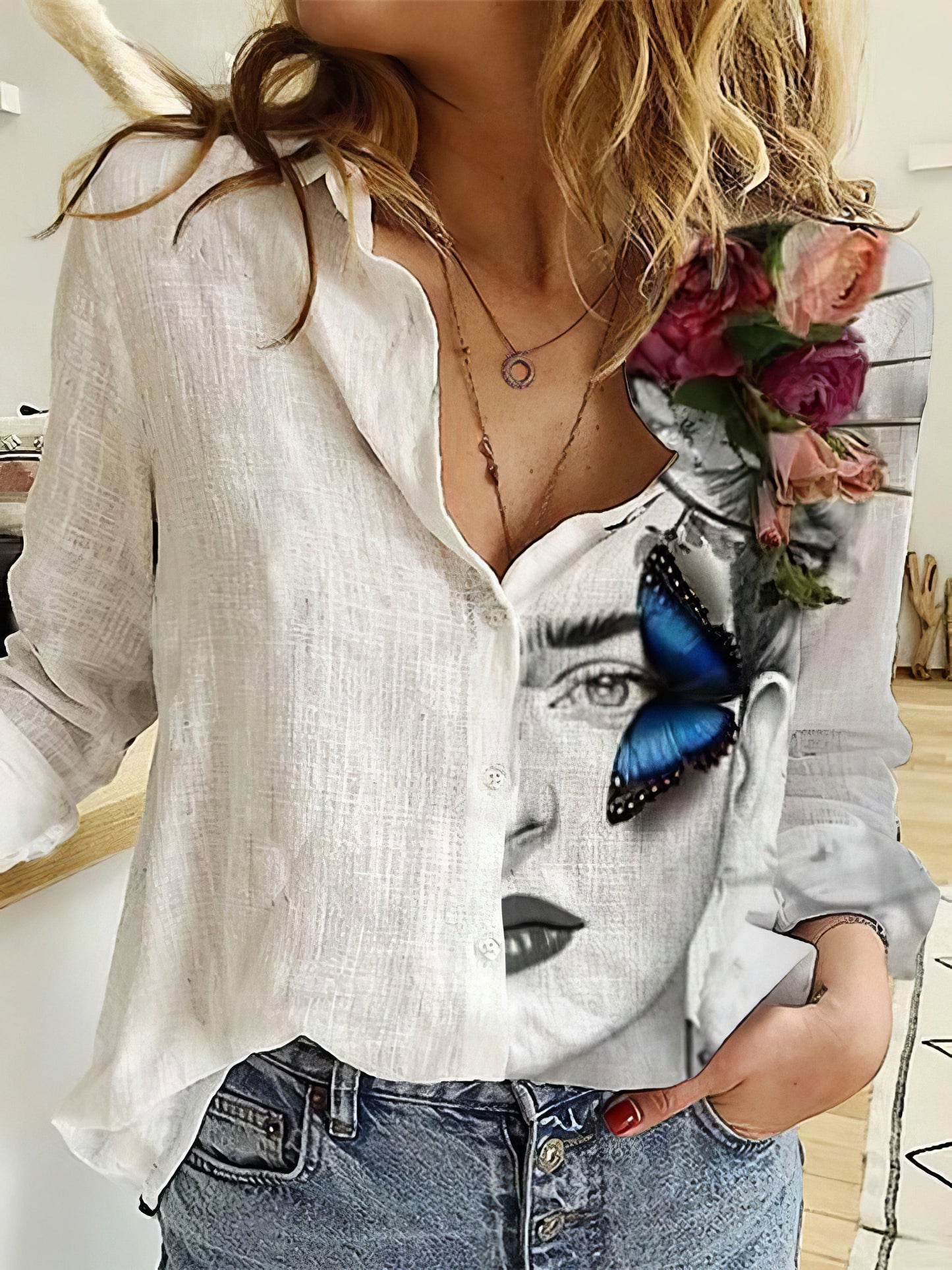Ladies And Flower Printed Lapel Long Sleeve Shirt BLO2107071171BBUTS White / 2 (S)