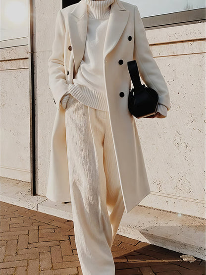 Lapel Button Long Sleeve Woolen Coat COA2110271256WHIS White / 2 (S)