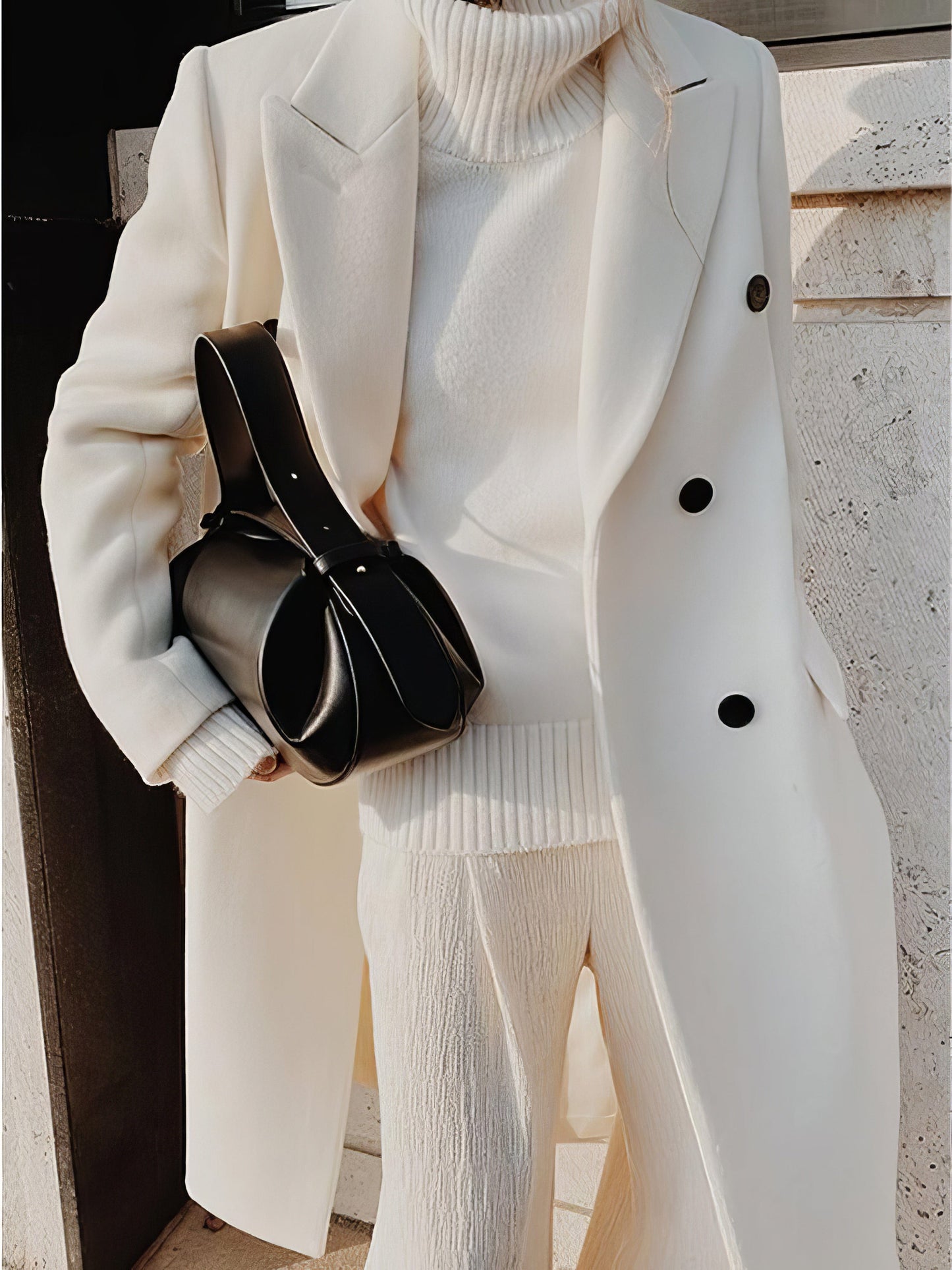 Lapel Button Long Sleeve Woolen Coat