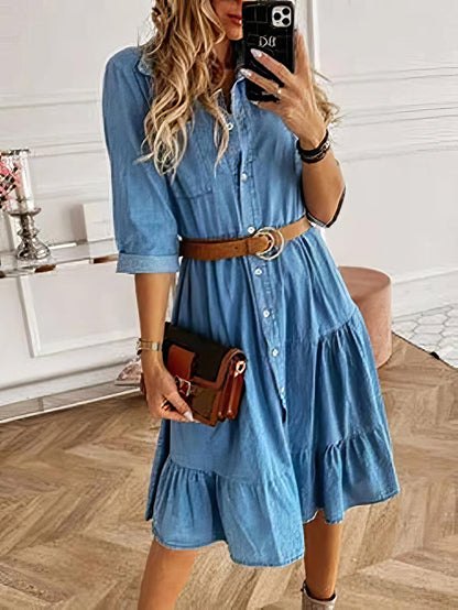 Lapel Button Pocket Denim Shirt Dress DRE2110272800LBLUS Blue / 2 (S)