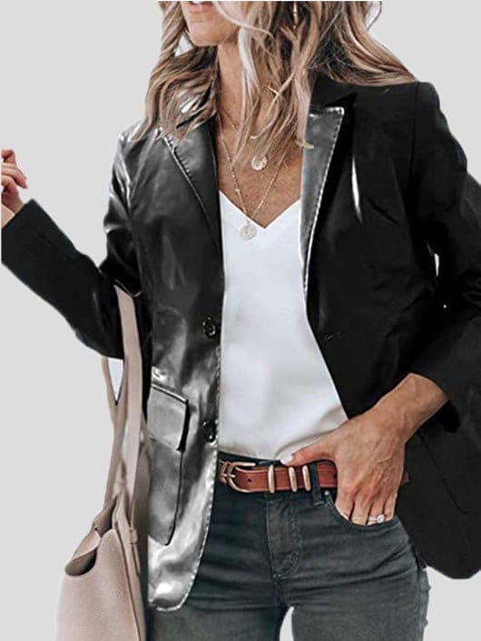 Lapel PU Leather Long Sleeve Blazers BLA2208011201BLAS Black / 2 (S)