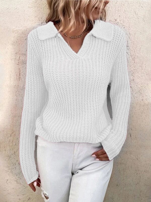 Lapel Solid Slim Fit Knit Sweater SWE2208191377WHIS White / 2 (S)
