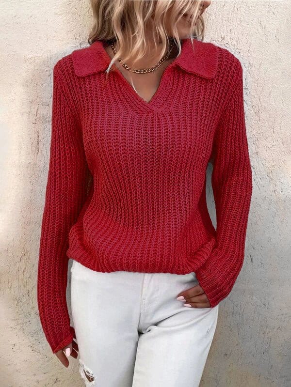 Lapel Solid Slim Fit Knit Sweater SWE2208191377REDS Red / 2 (S)
